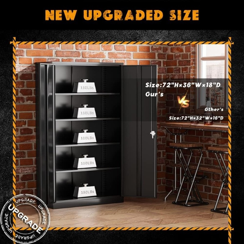 New upgraded size comparison image showing cabinet dimensions 72H x 36W x 18D vs 72H x 32W x 16D